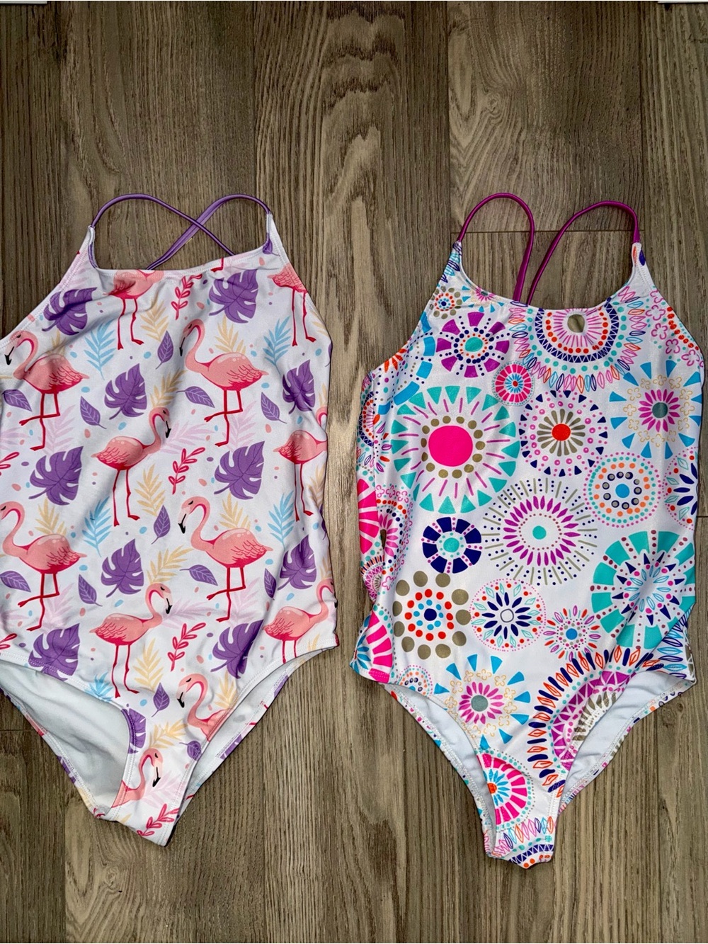 Girls One-Piece Swimsuits - Flamingo & Geometric Print (set of 2)